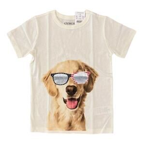 NWT J. Crew Boys' Ivory W/Patriotic Dog Sunglasses July 4th Tee - SIZE XS (4-5)